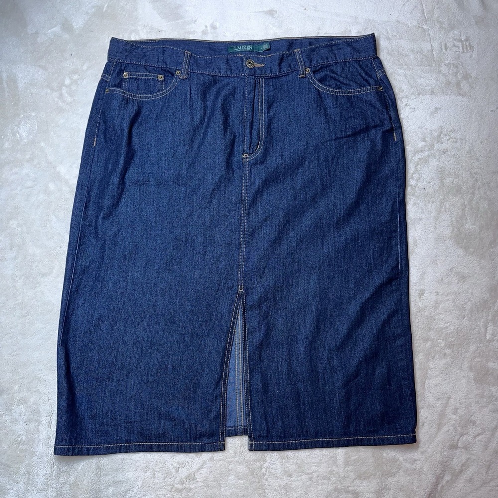 Lauren Ralph Lauren Skirt Women's Size 16 Denim Midi Skirt Front Slit Dark Wash